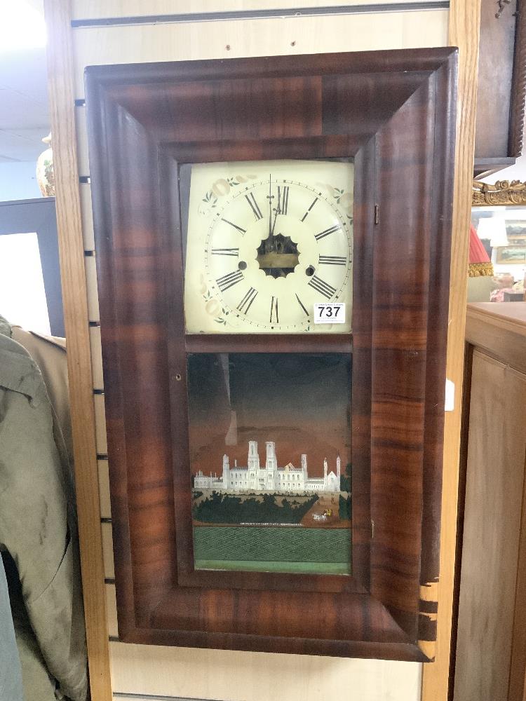 19TH CENTURY MAHOGANY CASED AMERICAN WALL CLOCK WITH WEIGHT DRIVEN MOVEMENT BY J. C BROWN