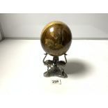 OSTRICH EGG DECORATED WITH MYTHICAL TIGERS - SIGNED ON A SILVER PLATED THREE OSTRICH STAND