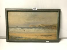 WH BURROWS - OIL OF FIGURES PADDLING AT THE BEACH, (SEVEN SISTERS),42 X 25CMS