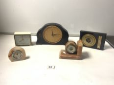 ART DECO BAKELITE GLEN CLOCK, WESTCLOX MANTLE CLOCK, 2 X DESK BAROMETERS AND A DESK THERMOMETER