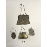 THREE SILVER-PLATED CHAIN MAIL PURSES AND PLATED PURSE