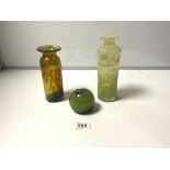 MDINA GLASS VASE 19.5CMS, SIGNED, AN UNSIGNED GREEN GLASS VASE, AND A SIGNED MDINA GLASS