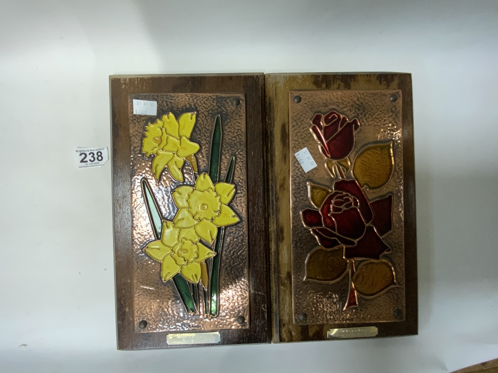 TWO ORIGINAL MURALS OF ROSES AND DAFFODILS ON BEATEN COPPER PLAQUES - HANDCRAFTED BY EDDIE O'