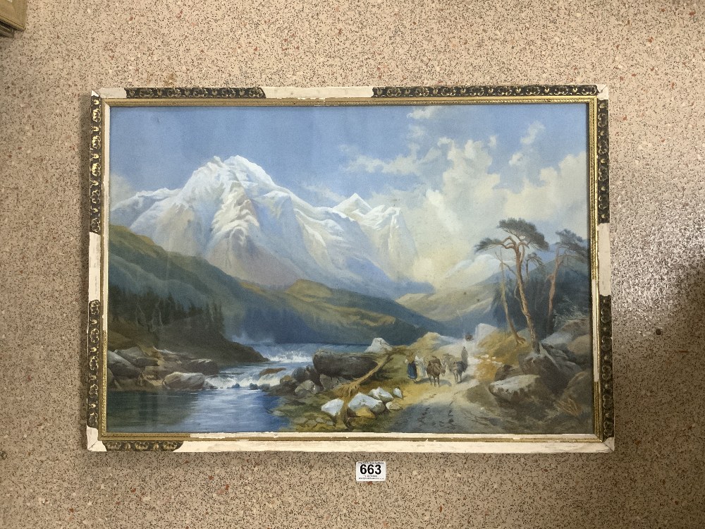 A 19TH CENTURY WATERCOLOUR DRAWING, EXTENSIVE CONTINENTAL MOUNTAINOUS RIVER LANDSCAPE WITH