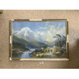 A 19TH CENTURY WATERCOLOUR DRAWING, EXTENSIVE CONTINENTAL MOUNTAINOUS RIVER LANDSCAPE WITH