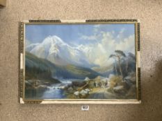 A 19TH CENTURY WATERCOLOUR DRAWING, EXTENSIVE CONTINENTAL MOUNTAINOUS RIVER LANDSCAPE WITH
