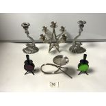 A SILVER-PLATED STAR OF DAVID FIVE BRANCH CANDLESTICK, 20CMS, A PAIR OF SEA SERPENT CANDLESTICK