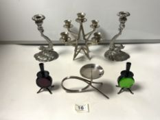 A SILVER-PLATED STAR OF DAVID FIVE BRANCH CANDLESTICK, 20CMS, A PAIR OF SEA SERPENT CANDLESTICK