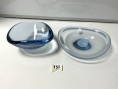 A HOLMEGAARD SHAPED CLEAR BLUE GLASS DISH WITH SIGNATURE TO BASE, 24CMS, AND ANOTHER GLASS BOWL