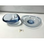 A HOLMEGAARD SHAPED CLEAR BLUE GLASS DISH WITH SIGNATURE TO BASE, 24CMS, AND ANOTHER GLASS BOWL