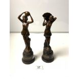 A PAIR OF ART DECO SPELTER FIGURES OF LADIES - MORNING AND EVENING, 30CMS