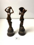 A PAIR OF ART DECO SPELTER FIGURES OF LADIES - MORNING AND EVENING, 30CMS