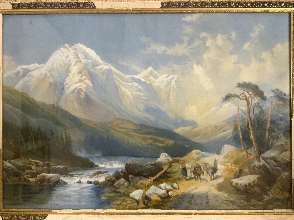 A 19TH CENTURY WATERCOLOUR DRAWING, EXTENSIVE CONTINENTAL MOUNTAINOUS RIVER LANDSCAPE WITH - Image 2 of 3
