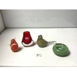 1960'S RED GLASS VASE, 14CMS, GREEN STUDIO GLASS BOWL, A GLASS BIRD, AND A CAITHNESS 'WHISKERS THE