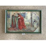 WATERCOLOR DRAWING MEDIEVAL FIGURES IN AN INTERIOR SIGNED, 33 X 52CMS
