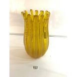 A MURANO FLUTED YELLOW GLASS VASE, 30CMS