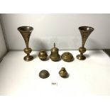 A PAIR OF VINTAGE INDIAN DECORATED BRASS VASES, 28CMS, TWO SIMILAR LIDDED POTS, AND TWO BELLS