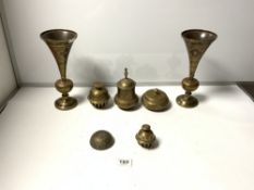 A PAIR OF VINTAGE INDIAN DECORATED BRASS VASES, 28CMS, TWO SIMILAR LIDDED POTS, AND TWO BELLS