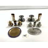 TWO EASTERN WHITE METAL PEPPERS, VASE, BRASS EASTERN CONDIMENTS, A PAIR OF PLATED SQUAT-