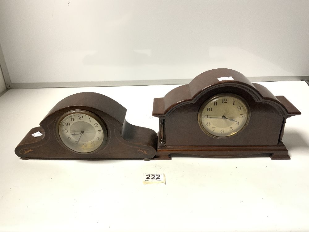 TWO EDWARDIAN MAHOGANY MANTLE CLOCKS, ONE WITH INLAID DECORATION