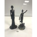 A MODERN BRONZE FIGURE - OF A WOMAN SIGNED A. MAYER, 26CMS AND AN ART DECO STYLE COMPOSITION MODEL