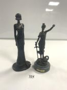 A MODERN BRONZE FIGURE - OF A WOMAN SIGNED A. MAYER, 26CMS AND AN ART DECO STYLE COMPOSITION MODEL