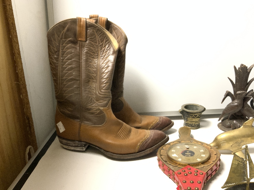 A QUANTITY OF WOODEN SHOE TREE'S, A PAIR OF COWBOY BOOTS, METAL WARE ETC - Image 9 of 12