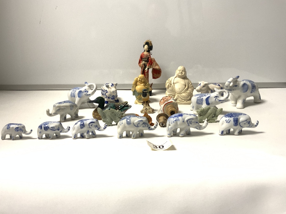 PORCELAIN HEAD BOTTLE POURERS, COW SALT AND PEPPERS, PORCELAIN MINIATURE ELEPHANTS, 2 BUDDHA FIGURES - Image 4 of 7