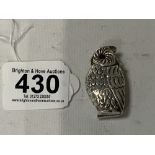 HEAVY STERLING SILVER VESTA CASE FORMED AS AN OWL WITH GARNET EYES, 4.5CMS