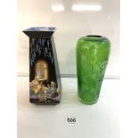 A CERAMIC ALGIERS DESIGN BLACK GROUND VASE, 26.5CMS AND AN ETCHED GREEN GLASS VASE