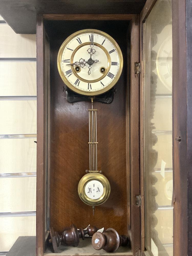 19TH CENTURY WALNUT CASED VIENNA WALL CLOCK WITH WHITE ENAMEL DIAL FLANKED BY TURNED COLUMNS, 98CMS - Image 2 of 4