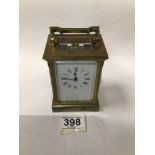 BRASS-CASED CARRIAGE CLOCK WITH WHITE ENAMEL DIAL MAKER- W J H OF FRANCE, 12.5CMS