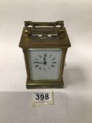 BRASS-CASED CARRIAGE CLOCK WITH WHITE ENAMEL DIAL MAKER- W J H OF FRANCE, 12.5CMS