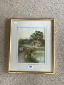 V. O HARA WATERCOLOUR, DRAWING FIGURES ON A BRIDGE SIGNED 31 X 24CMS