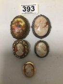 FIVE VINTAGE BROOCHES, FOUR ARE OF CAMEOS
