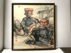A 20TH CENTURY JAPANESE WATERCOLOR OF THE ELDERLY WOMAN WORKING, 69 X 76CMS