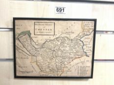 THE COUNTY PALATINE OF CHESTER MAP BY H. MOLL GEOGRAPHER FRAMED 26 X 19CMS