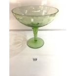 A LARGE 1950S GREEN GLASS BOWL WITH AIR TWIST STEM ON FOOTED BASE, 27 X 26CMS