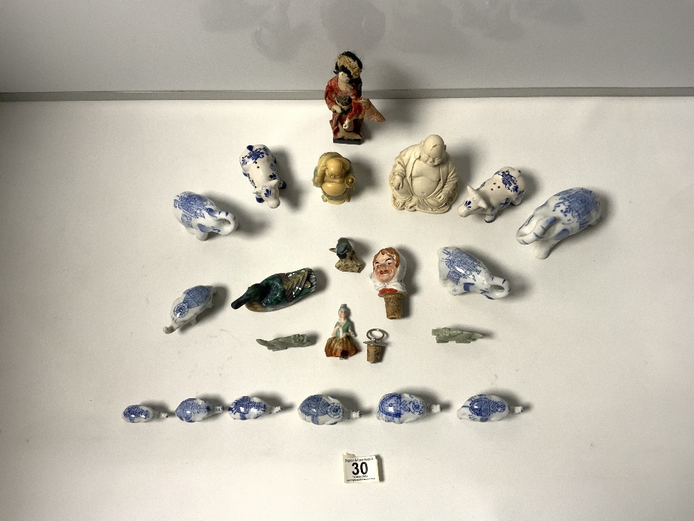 PORCELAIN HEAD BOTTLE POURERS, COW SALT AND PEPPERS, PORCELAIN MINIATURE ELEPHANTS, 2 BUDDHA FIGURES - Image 2 of 7