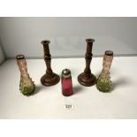 A PAIR OF TREEN CANDLESTICKS (1 A/F), 24CMS, A PAIR OF SILVER RIMMED VICTORIAN GLASS VASES AND A