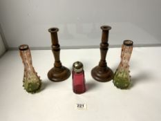 A PAIR OF TREEN CANDLESTICKS (1 A/F), 24CMS, A PAIR OF SILVER RIMMED VICTORIAN GLASS VASES AND A