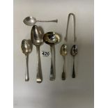 MIXED HALLMARKED SILVER SPOONS AND SUGAR TONGS, GEORGIAN/VICTORIA PIECES 234 GRAMS