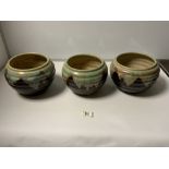 A SET OF THREE MATCHING POTTERY JARDINIERES WITH GREEN AND BROWN GLAZE, 22 X 16CMS