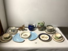 A WEDGWOOD PETER RABBIT BABY'S PLATE, A PAIR OF ROYAL WINTON HANDCRAFT ART DECO CUPS AND SAUCERS,