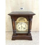 A LATE VICTORIAN OAK MANTLE CLOCK WITH BRASS SILVERED DIAL (SOME EVIDENCE OF WORM) NOT LIVE!