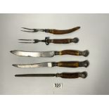 TWO PAIRS OF ANTLER HANDLED CARVING KNIVES AND FORKS AND A SHARPENING STEEL