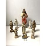 A PLASTER FIGURE OF CHRIST 39CMS, AND NINE OTHER PLASTER AND CERAMIC RELIGIOUS FIGURES