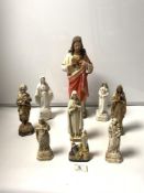 A PLASTER FIGURE OF CHRIST 39CMS, AND NINE OTHER PLASTER AND CERAMIC RELIGIOUS FIGURES