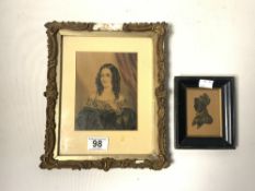 A VICTORIAN WATERCOLOUR PORTRAIT OF A YOUNG LADY, 12 X 15CMS, AND A VICTORIAN PAINTED SILHOUETTE