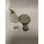 HAS JENSEN DANISH SILVER HAND MIRROR, 11 CMS WITH A HALLMARKED SILVER COLLAR AND CUT GLASS PERFUME